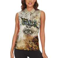 Gaia Mother Earth Sacred Eye Women Sleeveless Polo Shirt Greek Vintage Botanical Sketch Esoteric Spiritual Floral