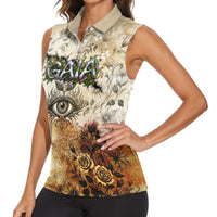 Gaia Mother Earth Sacred Eye Women Sleeveless Polo Shirt Greek Vintage Botanical Sketch Esoteric Spiritual Floral