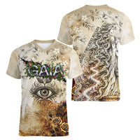 Gaia Mother Earth Sacred Eye Women V-Neck T-Shirt Greek Vintage Botanical Sketch Esoteric Spiritual Floral