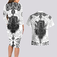 Mystic Valknut and Viking Circle Couples Matching Long Sleeve Bodycon Dress and Hawaiian Shirt with Twin Raven Accents - Wonder Print Shop