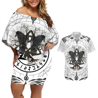 Mystic Valknut and Viking Circle Couples Matching Off Shoulder Short Dress and Hawaiian Shirt with Twin Raven Accents - Wonder Print Shop