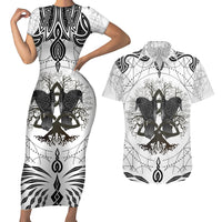 Mystic Valknut and Viking Circle Couples Matching Short Sleeve Bodycon Dress and Hawaiian Shirt with Twin Raven Accents - Wonder Print Shop