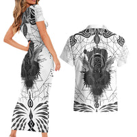 Mystic Valknut and Viking Circle Couples Matching Short Sleeve Bodycon Dress and Hawaiian Shirt with Twin Raven Accents - Wonder Print Shop