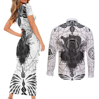 Mystic Valknut and Viking Circle Couples Matching Short Sleeve Bodycon Dress and Long Sleeve Button Shirts with Twin Raven Accents - Wonder Print Shop