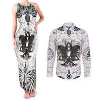 Mystic Valknut and Viking Circle Couples Matching Tank Maxi Dress and Long Sleeve Button Shirts with Twin Raven Accents - Wonder Print Shop