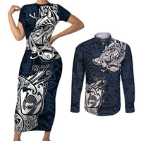 Viking Couples Matching Short Sleeve Bodycon Dress and Long Sleeve Button Shirts Legendary Viking Boar and Intricate Norse Patterns - Wonder Print Shop