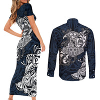 Viking Couples Matching Short Sleeve Bodycon Dress and Long Sleeve Button Shirts Legendary Viking Boar and Intricate Norse Patterns - Wonder Print Shop