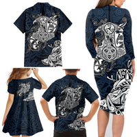 Viking Family Matching Long Sleeve Bodycon Dress and Hawaiian Shirt Legendary Viking Boar and Intricate Norse Patterns - Wonder Print Shop