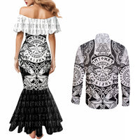 viking-tattoo-couples-matching-mermaid-dress-and-long-sleeve-button-shirts-hugin-and-munin-asgardian-ravens-grunge-art