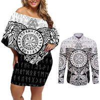 Viking Tattoo Couples Matching Off Shoulder Short Dress and Long Sleeve Button Shirts Hugin And Munin Asgardian Ravens Grunge Art - Wonder Print Shop