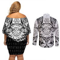 Viking Tattoo Couples Matching Off Shoulder Short Dress and Long Sleeve Button Shirts Hugin And Munin Asgardian Ravens Grunge Art - Wonder Print Shop