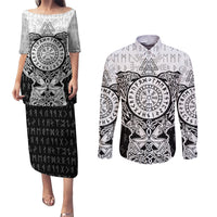 Viking Tattoo Couples Matching Puletasi Dress and Long Sleeve Button Shirts Hugin And Munin Asgardian Ravens Grunge Art - Wonder Print Shop