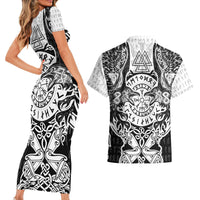 Viking Tattoo Couples Matching Short Sleeve Bodycon Dress and Hawaiian Shirt Hugin And Munin Asgardian Ravens Grunge Art - Wonder Print Shop