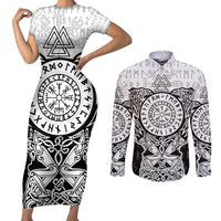 Viking Tattoo Couples Matching Short Sleeve Bodycon Dress and Long Sleeve Button Shirts Hugin And Munin Asgardian Ravens Grunge Art - Wonder Print Shop