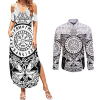 Viking Tattoo Couples Matching Summer Maxi Dress and Long Sleeve Button Shirts Hugin And Munin Asgardian Ravens Grunge Art - Wonder Print Shop