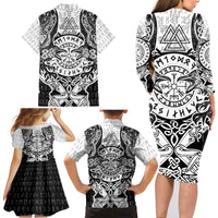Viking Tattoo Family Matching Long Sleeve Bodycon Dress and Hawaiian Shirt Hugin And Munin Asgardian Ravens Grunge Art - Wonder Print Shop