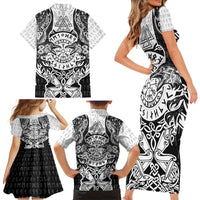 Viking Tattoo Family Matching Short Sleeve Bodycon Dress and Hawaiian Shirt Hugin And Munin Asgardian Ravens Grunge Art - Wonder Print Shop