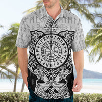Black and white grunge print Hawaiian shirt with viking raven motif, short sleeves