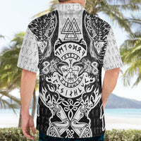 Black and white Viking raven grunge print Hawaiian shirt, back view, short sleeves