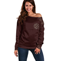 Viking Off Shoulder Sweater Yggdrasil Pattern And Ancient Rune - Wonder Print Shop