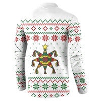 Mexico Christmas Button Sweatshirt with Piñata Star Design and Red Green Snowflake Pattern - Wonder Print Shop