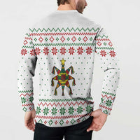 Mexico Christmas Button Sweatshirt with Piñata Star Design and Red Green Snowflake Pattern - Wonder Print Shop
