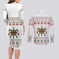 Mexico Christmas Couples Matching Long Sleeve Bodycon Dress and Long Sleeve Button Shirt with Piñata Star Design and Red Green Snowflake Pattern - Wonder Print Shop
