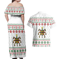 Mexico Christmas Couples Matching Off Shoulder Maxi Dress and Hawaiian Shirt with Piñata Star Design and Red Green Snowflake Pattern - Wonder Print Shop
