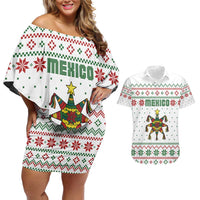 Mexico Christmas Couples Matching Off Shoulder Short Dress and Hawaiian Shirt with Piñata Star Design and Red Green Snowflake Pattern - Wonder Print Shop