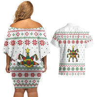 Mexico Christmas Couples Matching Off Shoulder Short Dress and Hawaiian Shirt with Piñata Star Design and Red Green Snowflake Pattern - Wonder Print Shop