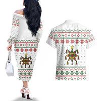Mexico Christmas Couples Matching Off The Shoulder Long Sleeve Dress and Hawaiian Shirt with Piñata Star Design and Red Green Snowflake Pattern - Wonder Print Shop