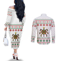 Mexico Christmas Couples Matching Off The Shoulder Long Sleeve Dress and Long Sleeve Button Shirt with Piñata Star Design and Red Green Snowflake Pattern - Wonder Print Shop