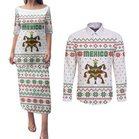 Mexico Christmas Couples Matching Puletasi and Long Sleeve Button Shirt with Piñata Star Design and Red Green Snowflake Pattern - Wonder Print Shop