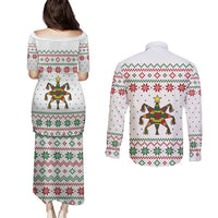 Mexico Christmas Couples Matching Puletasi and Long Sleeve Button Shirt with Piñata Star Design and Red Green Snowflake Pattern - Wonder Print Shop