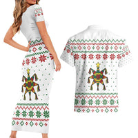 Mexico Christmas Couples Matching Short Sleeve Bodycon Dress and Hawaiian Shirt with Piñata Star Design and Red Green Snowflake Pattern - Wonder Print Shop