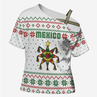 Mexico Christmas Cross Shoulder Shirt with Piñata Star Design and Red Green Snowflake Pattern - Wonder Print Shop