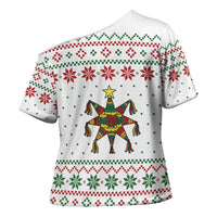 Mexico Christmas Cross Shoulder Shirt with Piñata Star Design and Red Green Snowflake Pattern - Wonder Print Shop