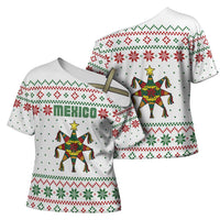 Mexico Christmas Cross Shoulder Shirt with Piñata Star Design and Red Green Snowflake Pattern - Wonder Print Shop