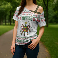 Mexico Christmas Cross Shoulder Shirt with Piñata Star Design and Red Green Snowflake Pattern - Wonder Print Shop