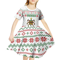 Mexico Christmas Kid Short Sleeve Dress with Piñata Star Design and Red Green Snowflake Pattern - Wonder Print Shop