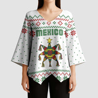 Mexico Christmas Kimono Sleeve Blouse with Piñata Star Design and Red Green Snowflake Pattern - Wonder Print Shop