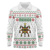 Mexico Christmas Long Sleeve Polo Shirt with Piñata Star Design and Red Green Snowflake Pattern - Wonder Print Shop
