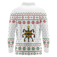 Mexico Christmas Long Sleeve Polo Shirt with Piñata Star Design and Red Green Snowflake Pattern - Wonder Print Shop