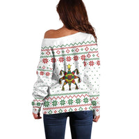 Mexico Christmas Off Shoulder Sweater with Piñata Star Design and Red Green Snowflake Pattern - Wonder Print Shop