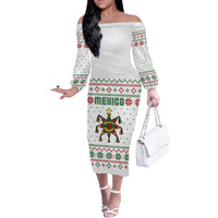 Mexico Christmas Off The Shoulder Long Sleeve Dress with Piñata Star Design and Red Green Snowflake Pattern - Wonder Print Shop
