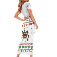 Mexico Christmas Short Sleeve Bodycon Dress with Piñata Star Design and Red Green Snowflake Pattern - Wonder Print Shop
