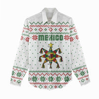 Mexico Christmas Women Casual Shirt with Piñata Star Design and Red Green Snowflake Pattern - Wonder Print Shop