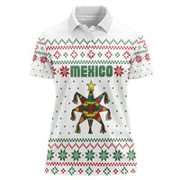 Mexico Christmas Women Polo Shirt with Piñata Star Design and Red Green Snowflake Pattern - Wonder Print Shop