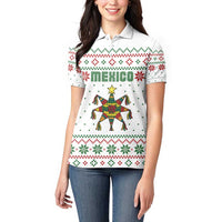 Mexico Christmas Women Polo Shirt with Piñata Star Design and Red Green Snowflake Pattern - Wonder Print Shop