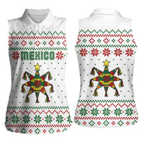 Mexico Christmas Women Sleeveless Polo Shirt with Piñata Star Design and Red Green Snowflake Pattern - Wonder Print Shop